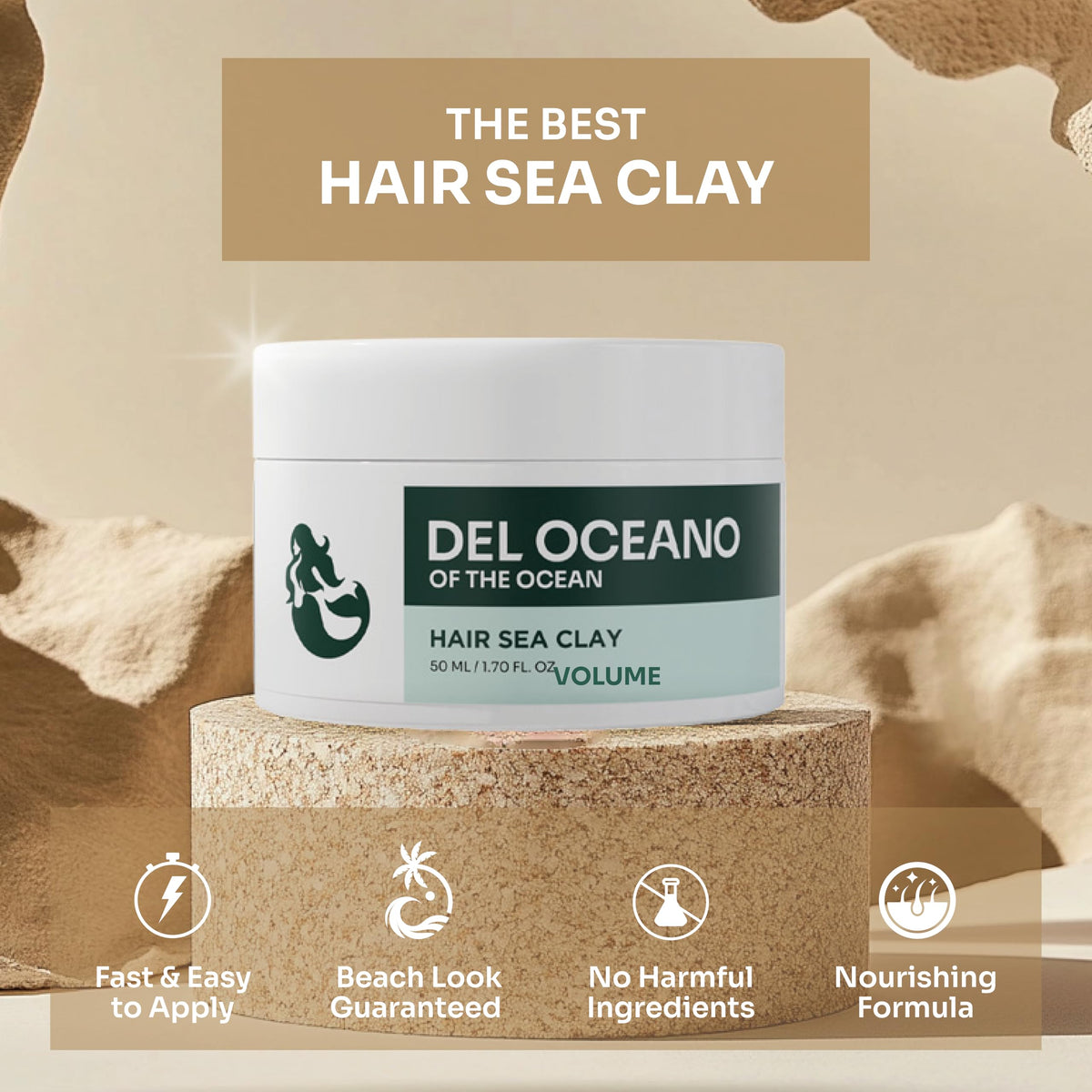 Del Océano Hair Sea Clay provides strong hold without grease.