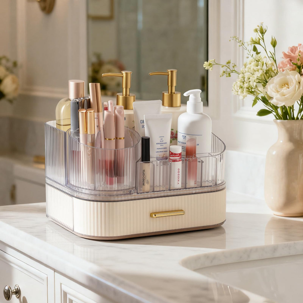 Delamu cosmetic organizer with tiered storage top trays for brushes and skincare