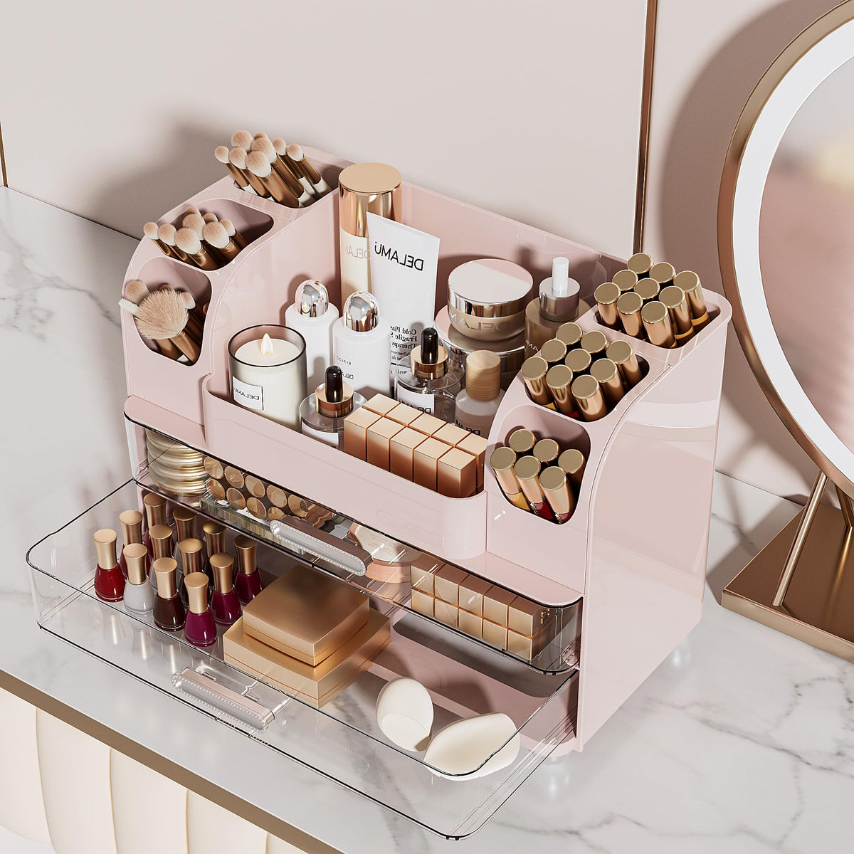 Delamu large makeup organizer brush area on top keeps tools within arm’s reach