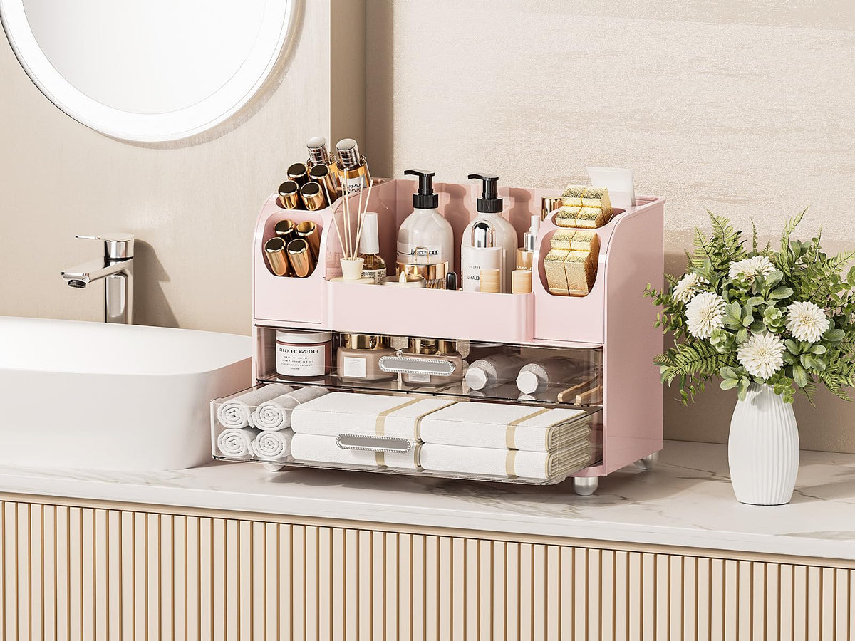 Delamu large makeup organizer easy-clean surface simplifies nightly cleanup after busy days