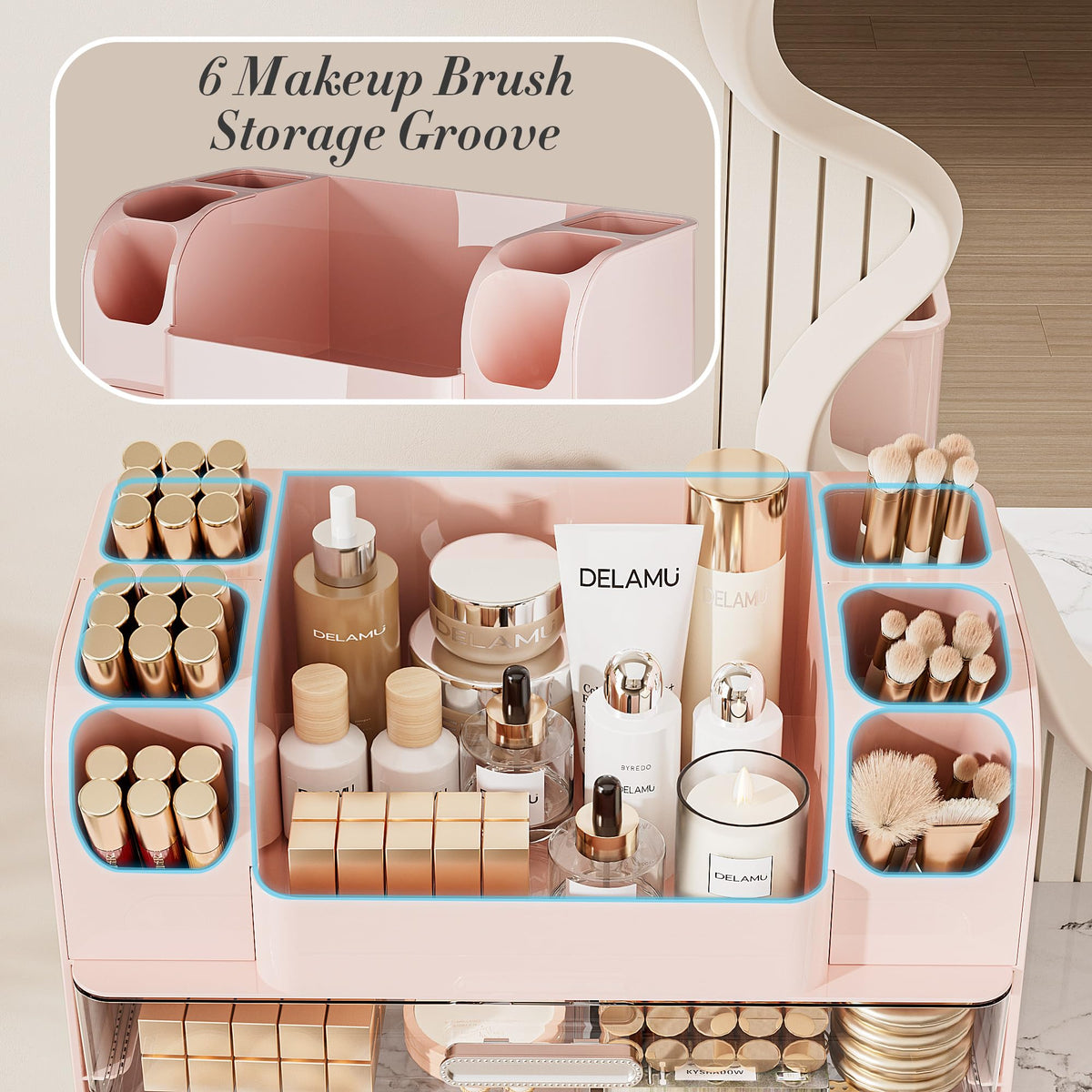 Delamu large makeup organizer pink vanity design adds modern style to your dresser