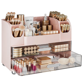 Delamu large makeup organizer top view showing six brush holders for quick access