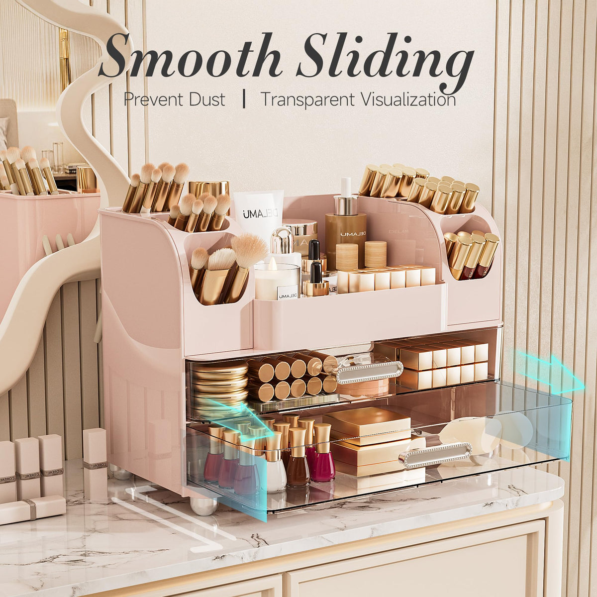Delamu large makeup organizer two drawers for small items keeps cosmetics tidy