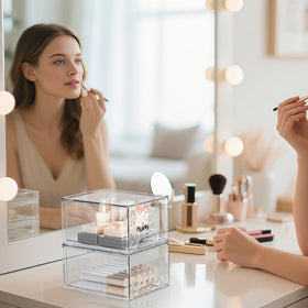 Delamu makeup organizer with clear texture keeps cosmetics visible and reachable.