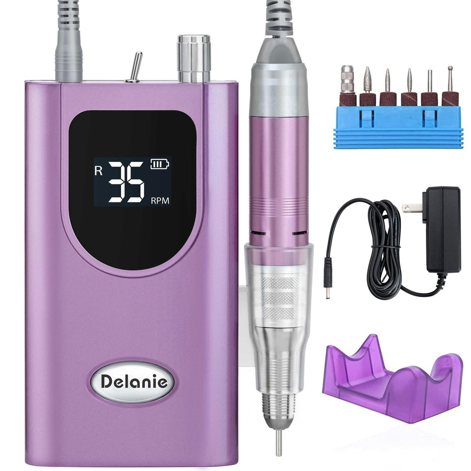 Delanie nail drill front view showing compact design for salon-grade precision.
