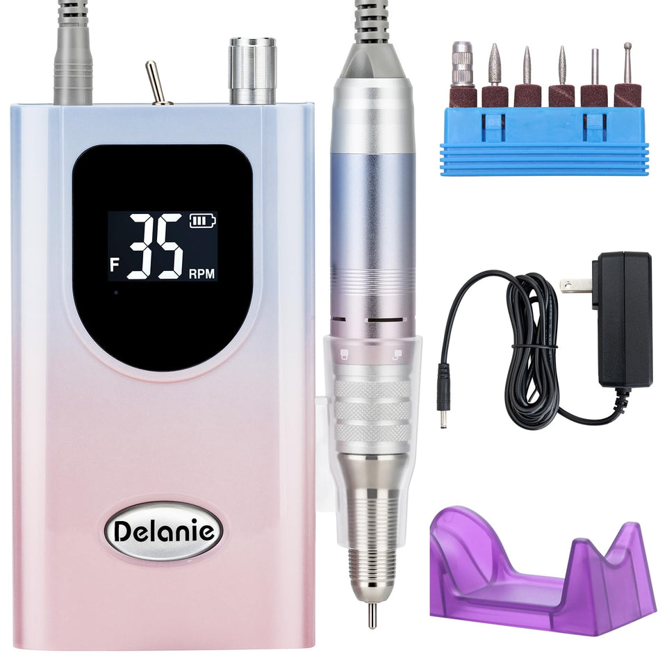 Delanie Nail Drill handpiece front view, compact and professional for salon use.