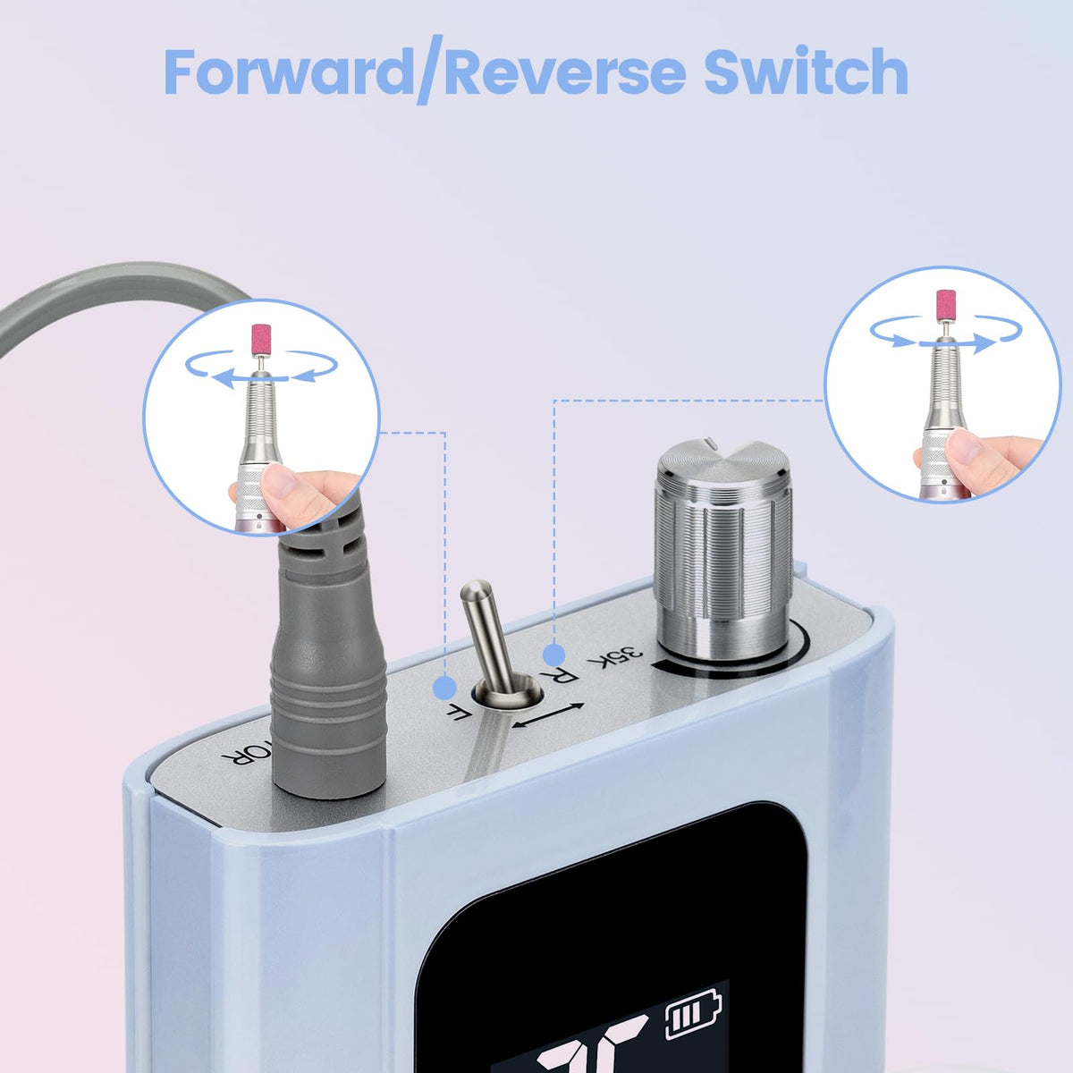 Delanie Nail Drill on battery charging highlights cordless portability for on the go manicures.