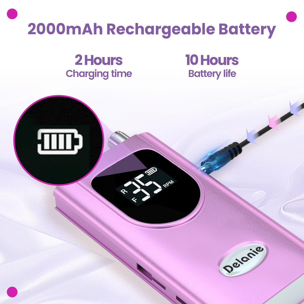 Delanie nail drill quiet operation emphasizes low vibration during detailed filing.