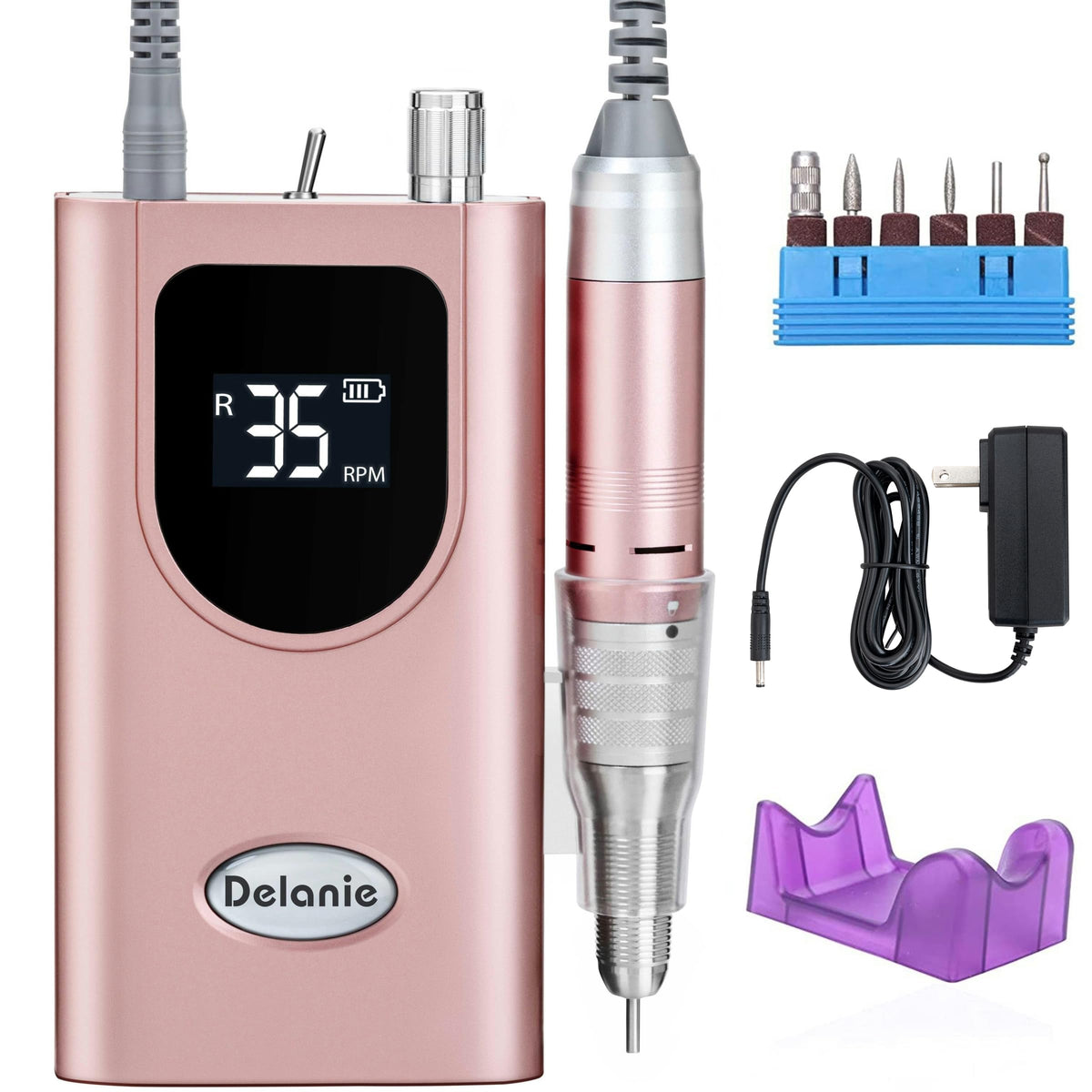 Delanie nail drill rose gold front view for precise shaping.