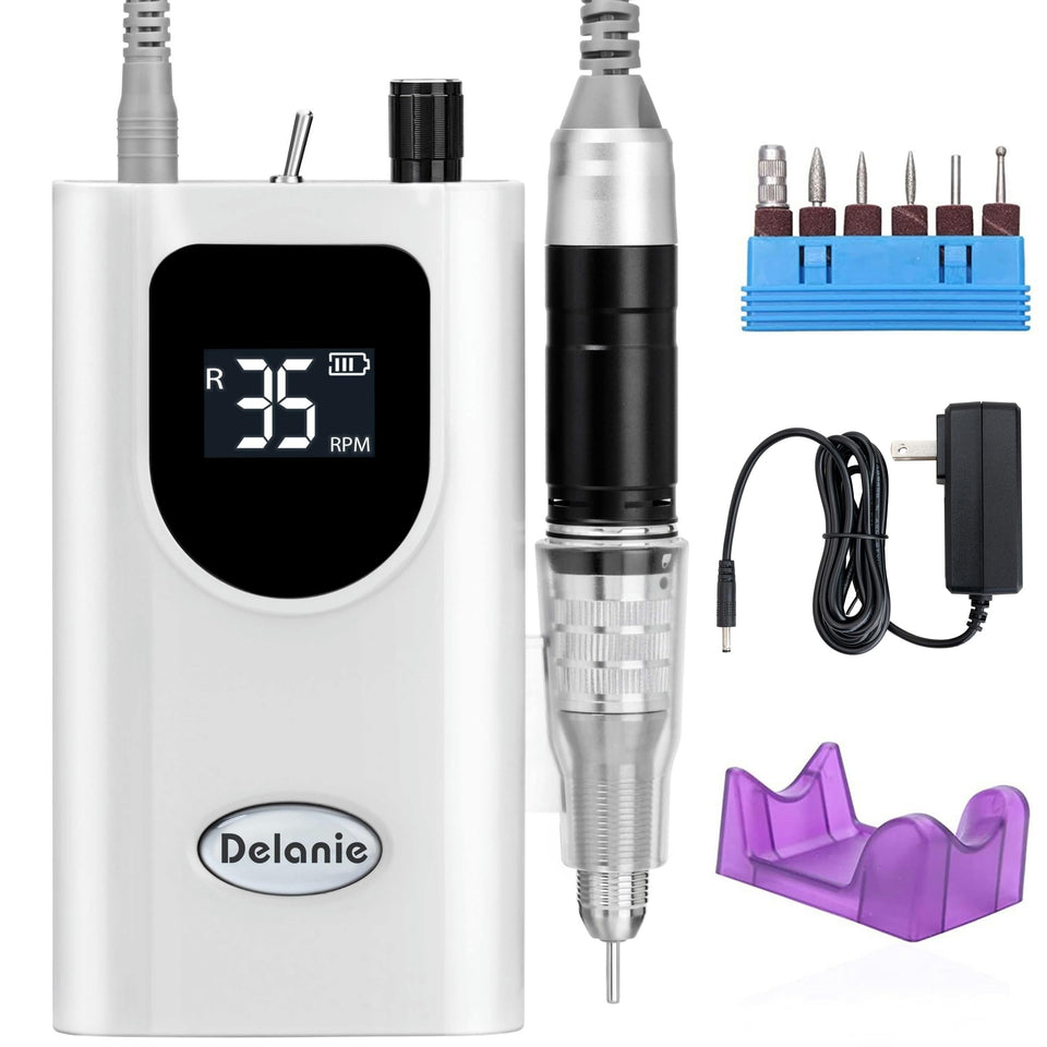 Delanie professional nail drill front view showing compact, portable design for precision shaping.