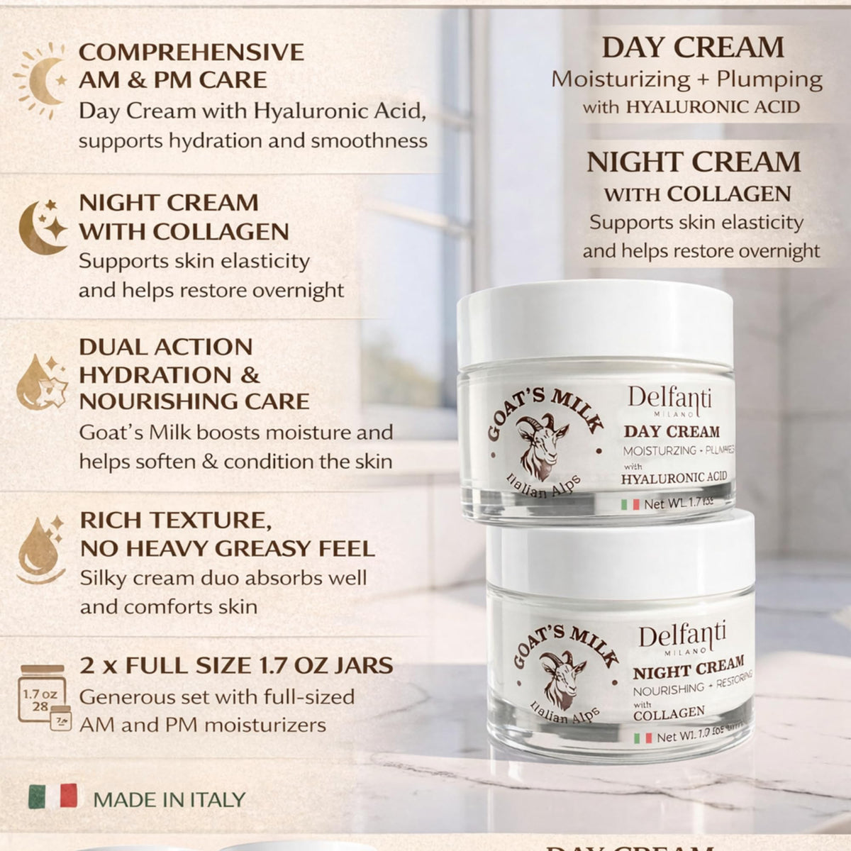 Goats milk with hyaluronic acid in day cream for moisture retention.