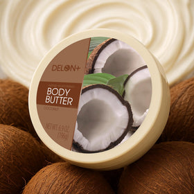 DELON coconut oil enriched butter in use for smooth, hydrated skin.