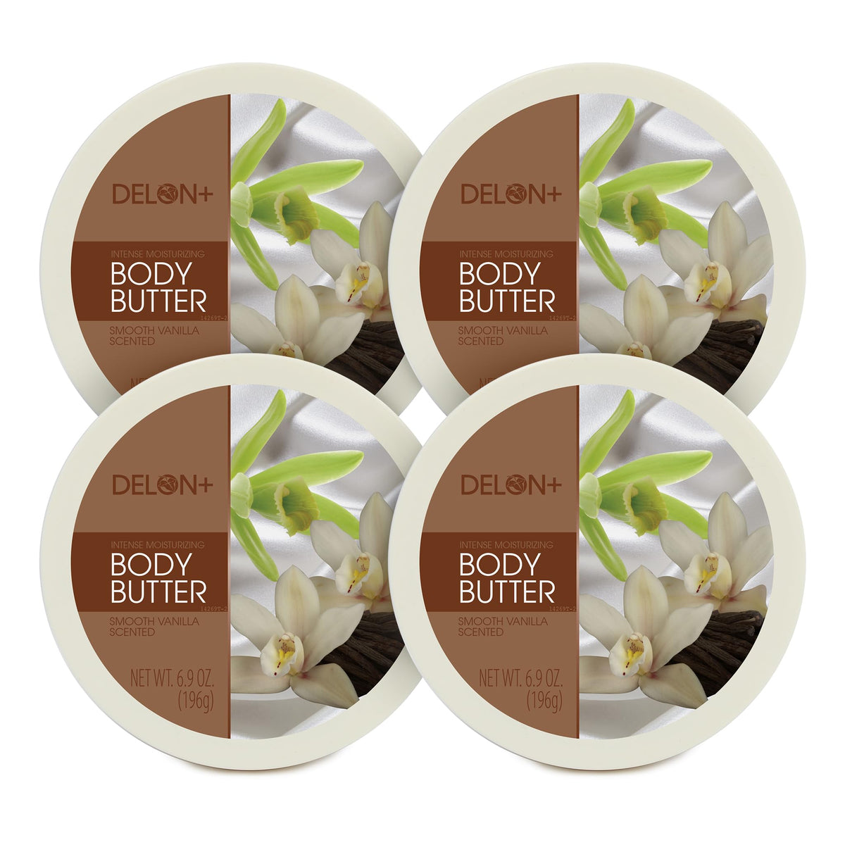 DELON Intense Moisturizing Body Butter Smooth Vanilla jar showcases creamy texture and scent.