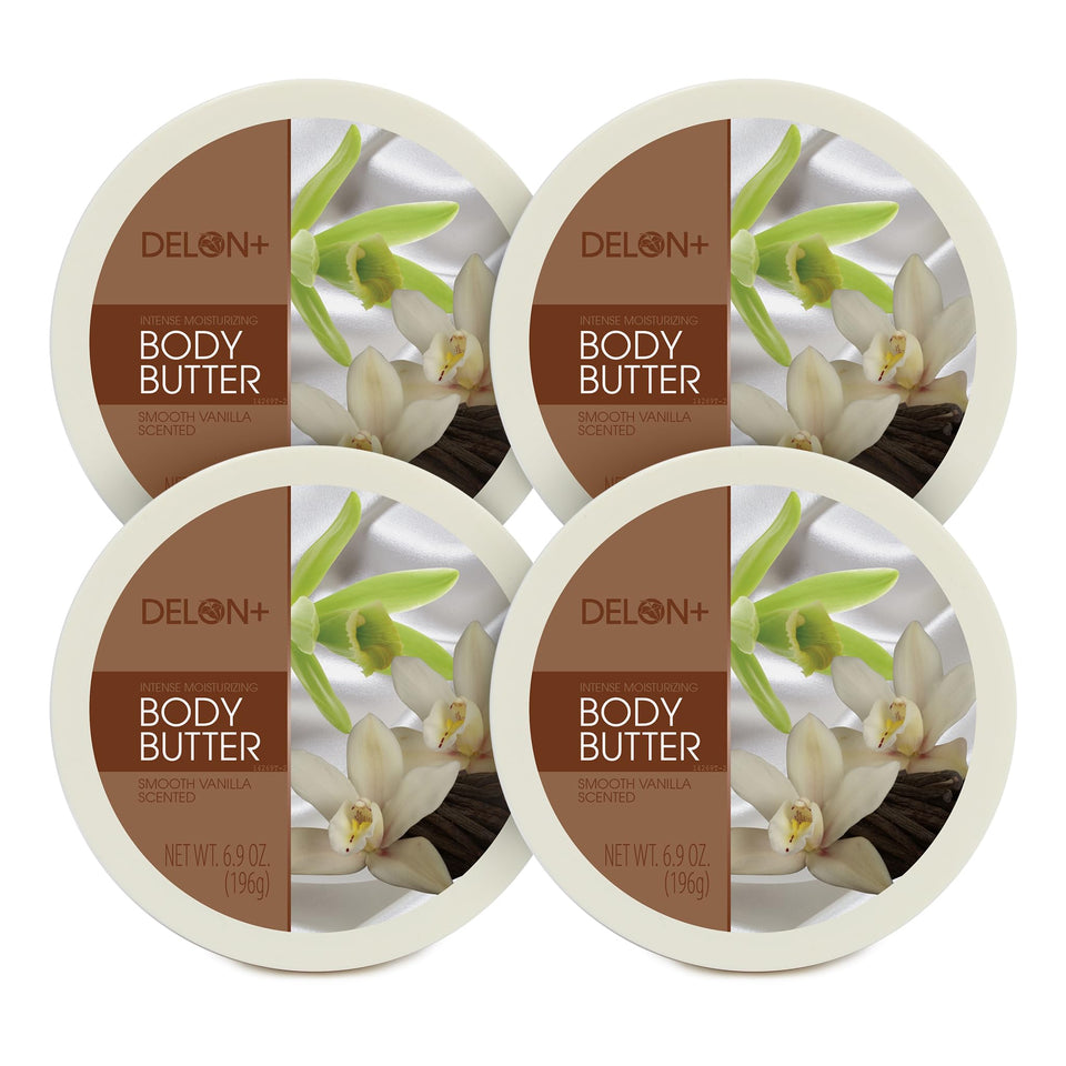 DELON Intense Moisturizing Body Butter Smooth Vanilla jar showcases creamy texture and scent.