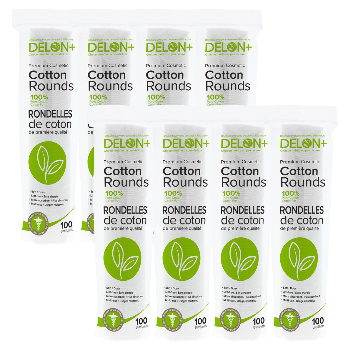 DELON Premium Cotton Rounds packaging shown for easy storage and everyday use.