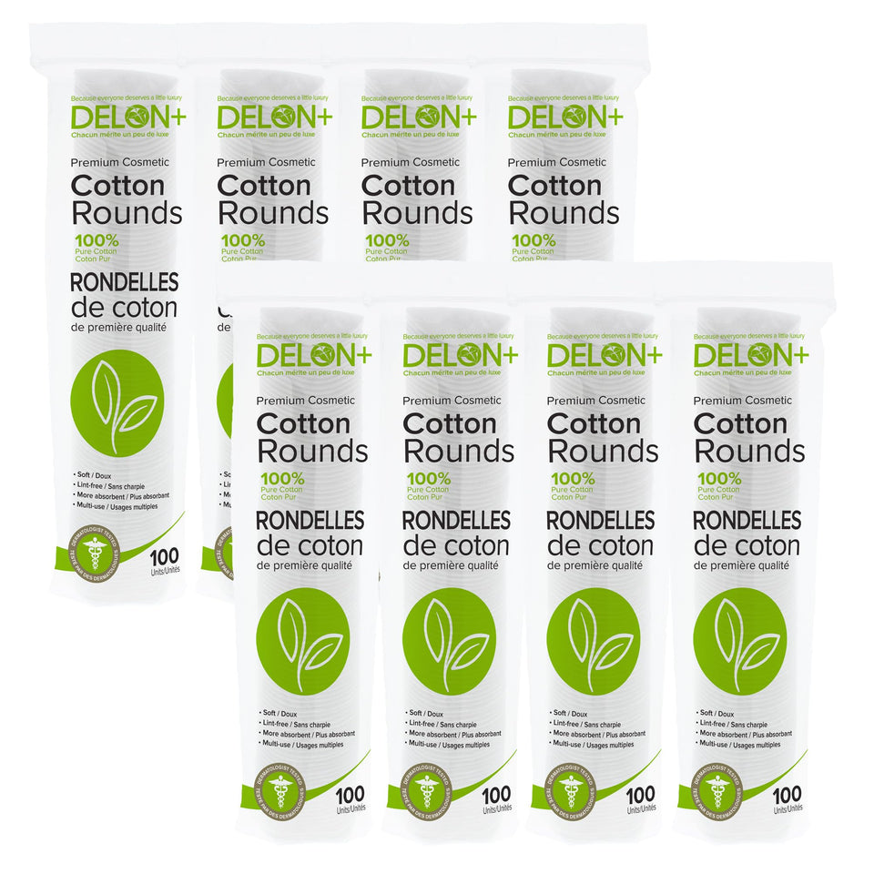 DELON Premium Cotton Rounds packaging shown for easy storage and everyday use.