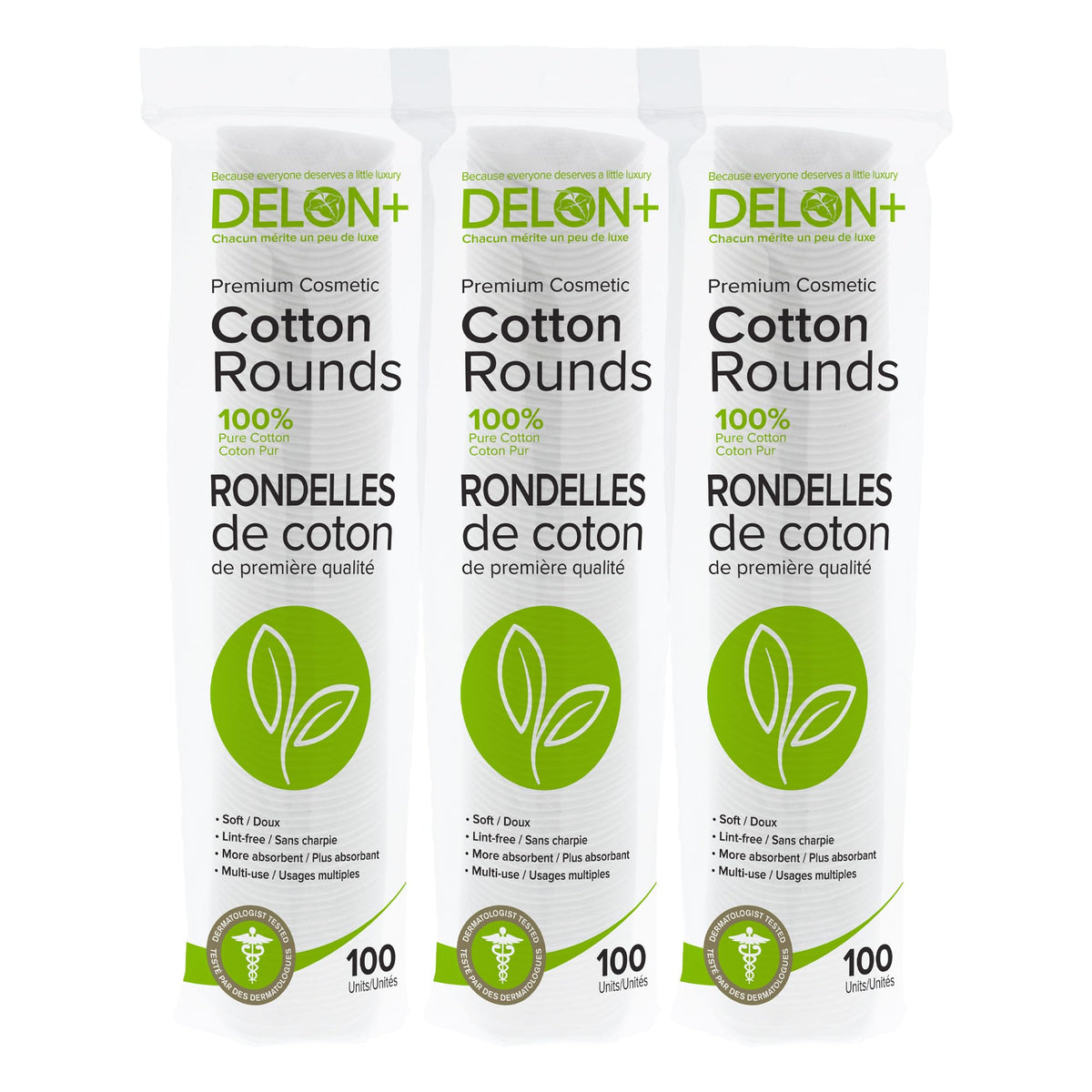 DELON Premium Cotton Rounds showing soft two-sided pads for gentle toner application and makeup removal