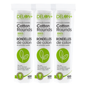 DELON Premium Cotton Rounds showing soft two-sided pads for gentle toner application and makeup removal