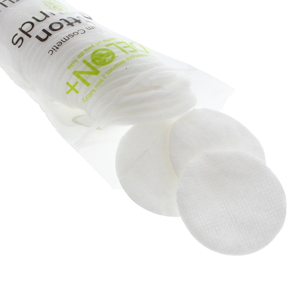 Close-up texture shows lint-free softness of DELON cotton rounds.