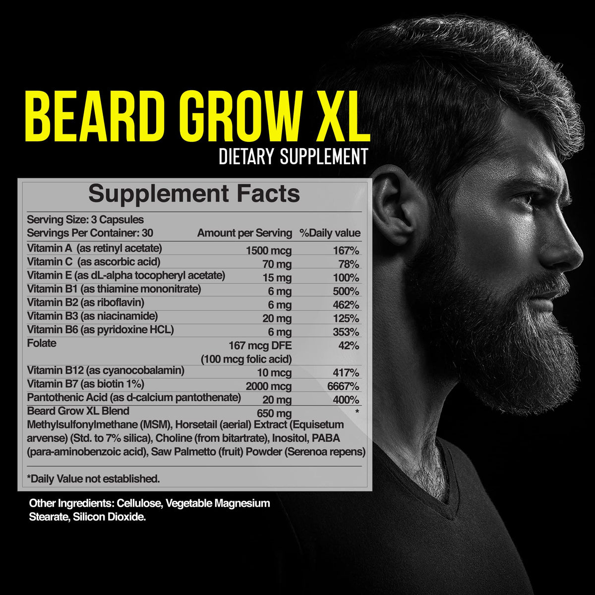 Delta Genesis Beard Grow XL capsules close-up showing vegan ingredients for natural growth