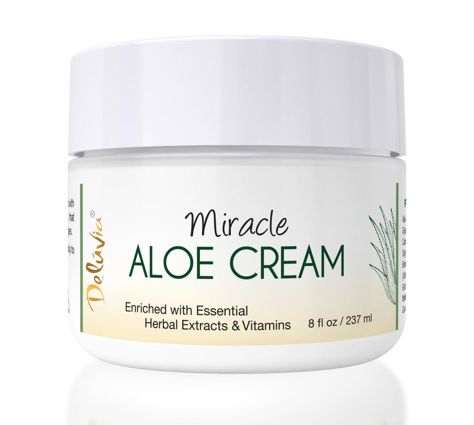 Deluvia Miracle Aloe Cream on the face for deep hydration and smooth skin.