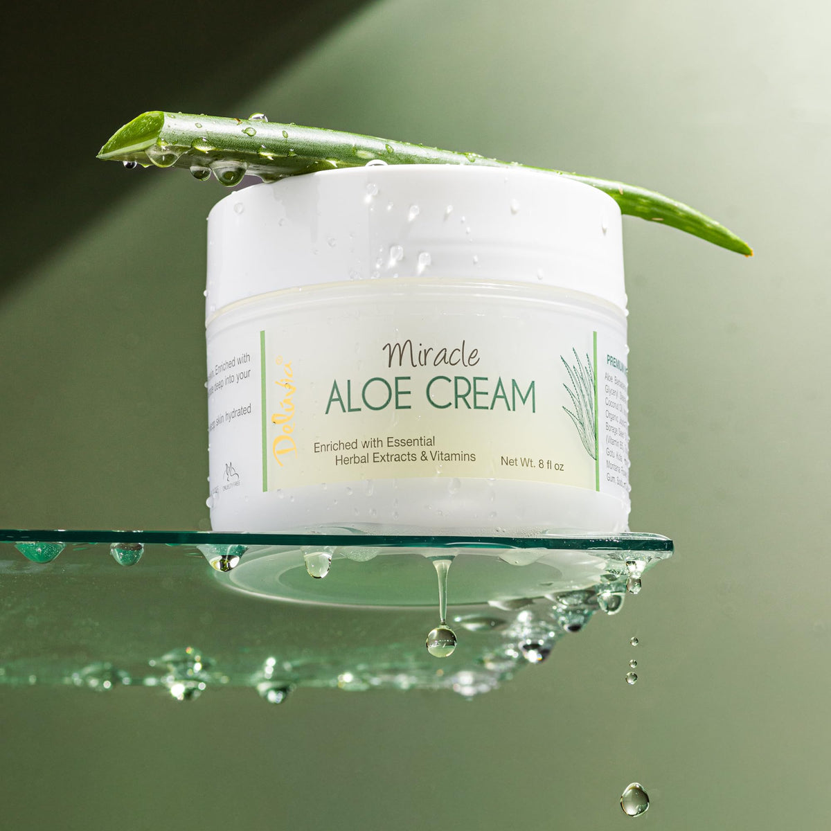 Deluvia Miracle Aloe Cream applied on the face for soothing moisture.
