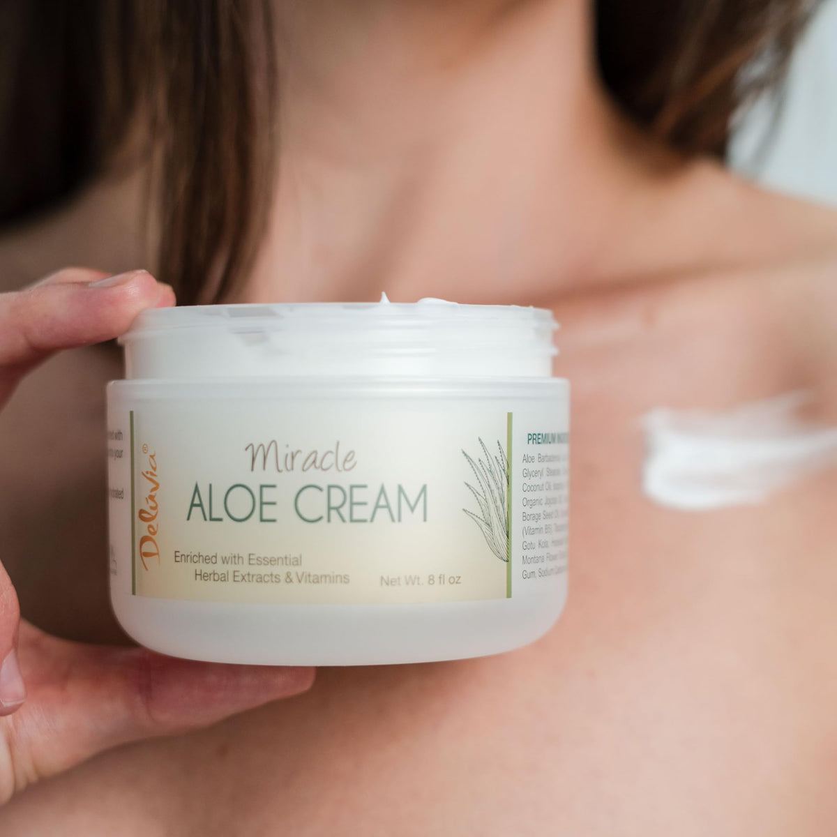 Deluvia Miracle Aloe Cream with vitamin E for nourished skin.