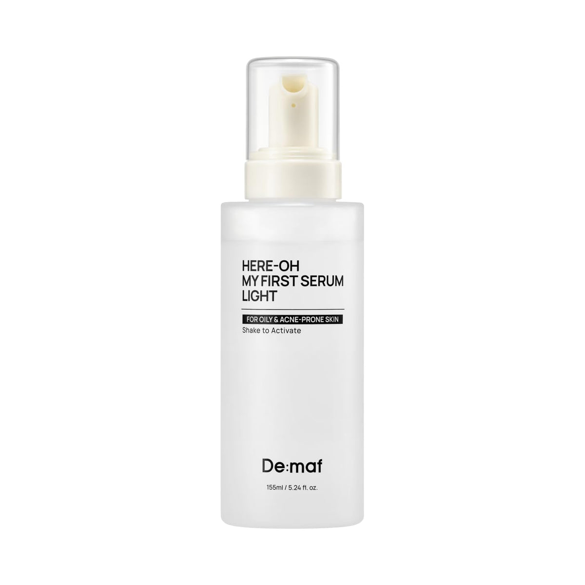 Demaf Here-Oh My First Serum Light bottle close-up with airy foam texture for lightweight hydration