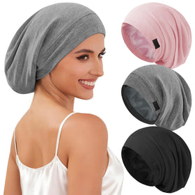DEMAZALO silk satin bonnet black side view reduces friction for smoother curls