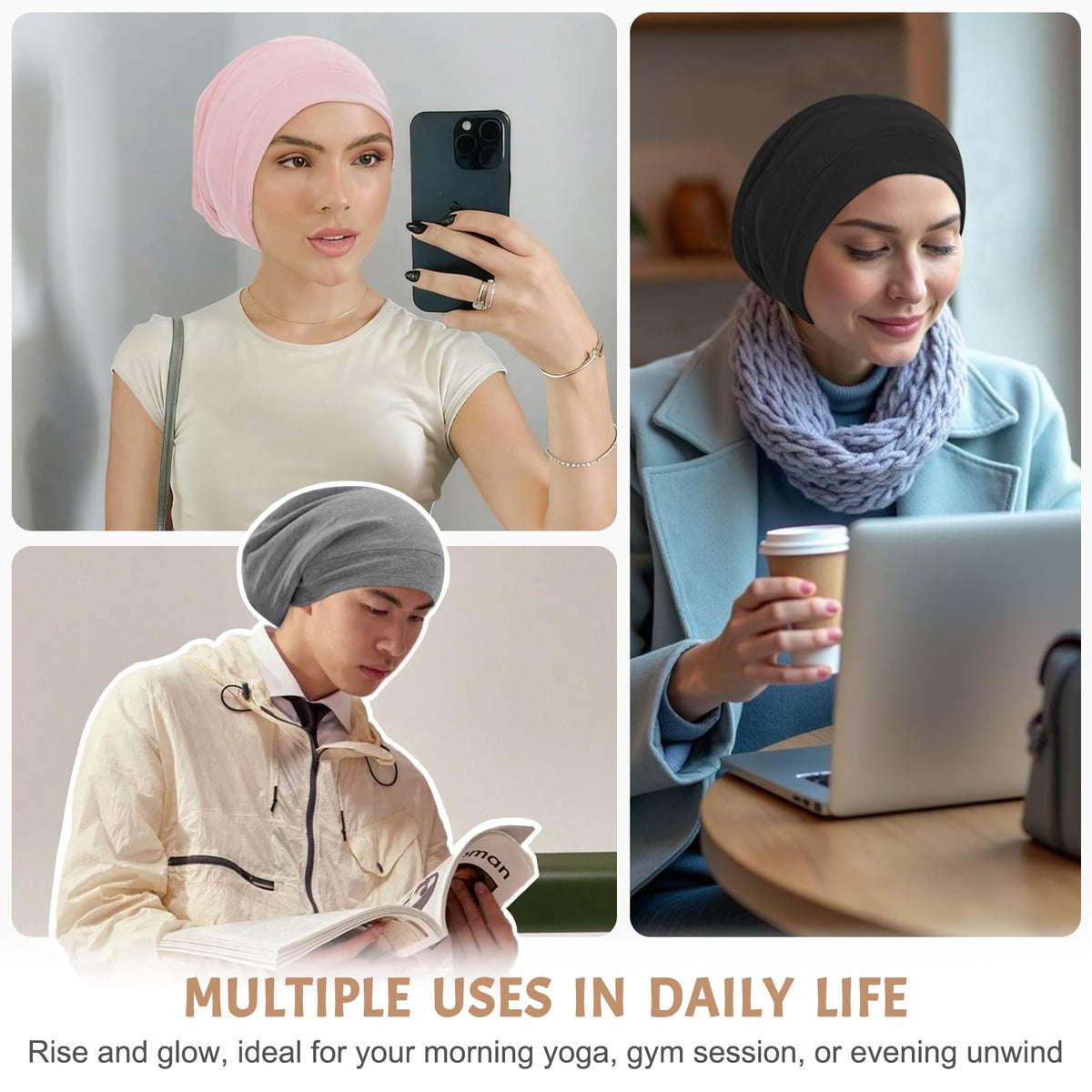DEMAZALO pink satin bonnet worn for casual streetwear look