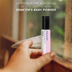 DEMETER Baby Powder Roll-On travel-size bottle fits in bag or pocket.