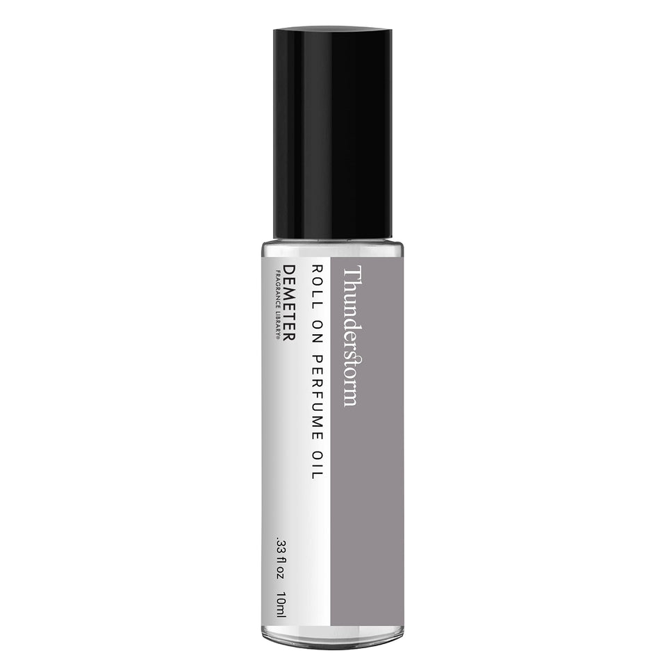 DEMETER Thunderstorm roll-on bottle close-up for portable fragrance on the go
