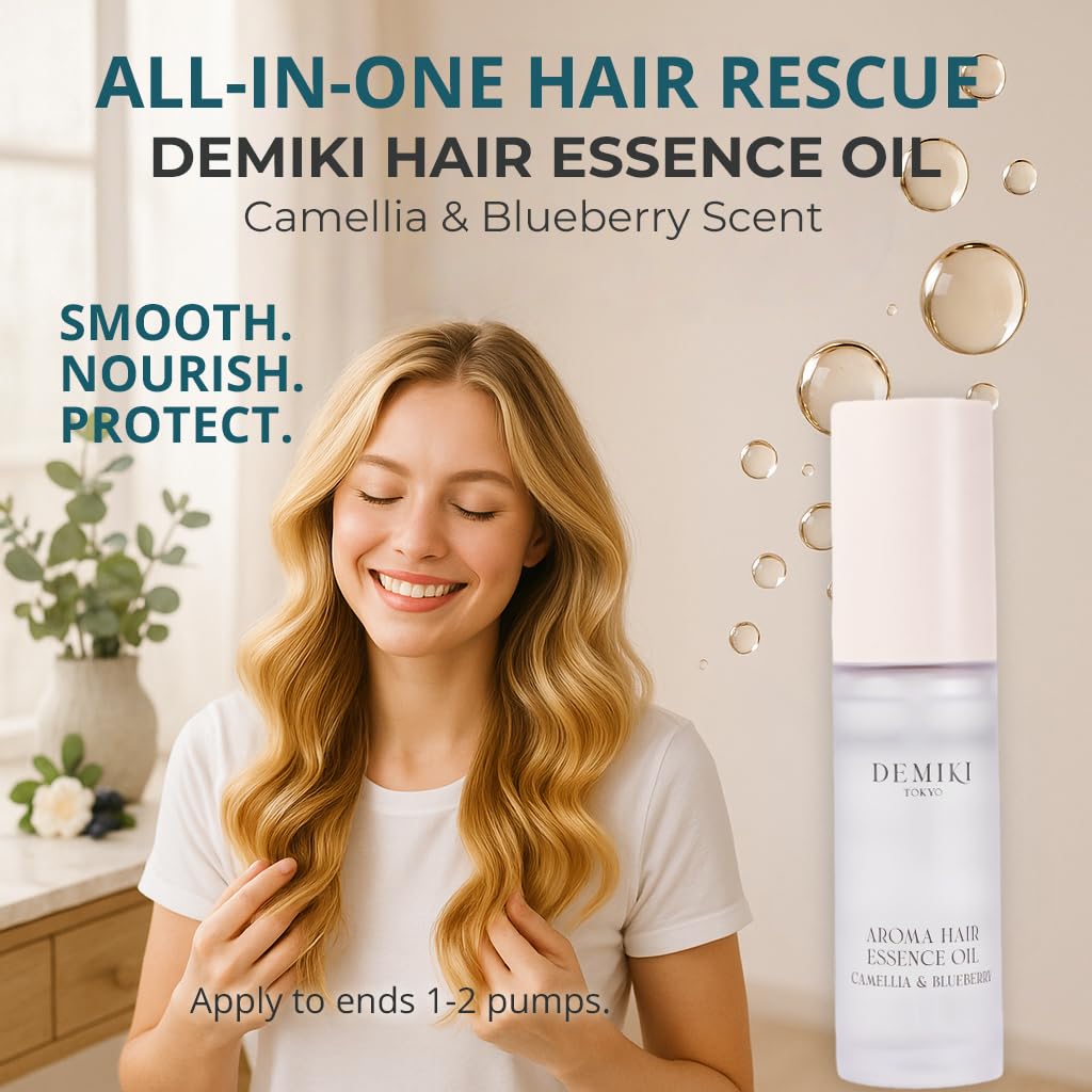DEMIKI Hair Oil for damage repair supports dry strands and ends.