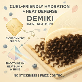 DEMIKI Hair Oil delivers instant shine with a subtle floral fragrance.