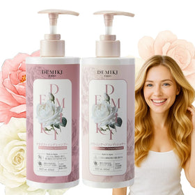 DEMIKI Japanese shampoo and conditioner set bottles showing glossy, refreshed hair benefits