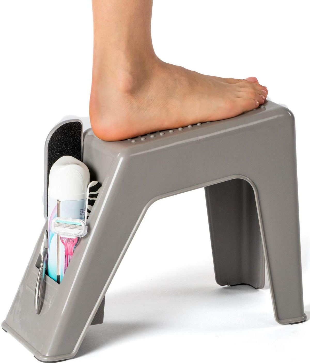 Demi's Home grey shower foot rest, side view highlighting compact footprint for small showers