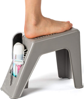 Demi's Home grey shower foot rest, side view highlighting compact footprint for small showers