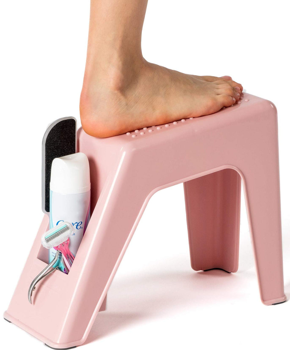 Demi's Home pink shower foot rest with front compartment for shaving gear