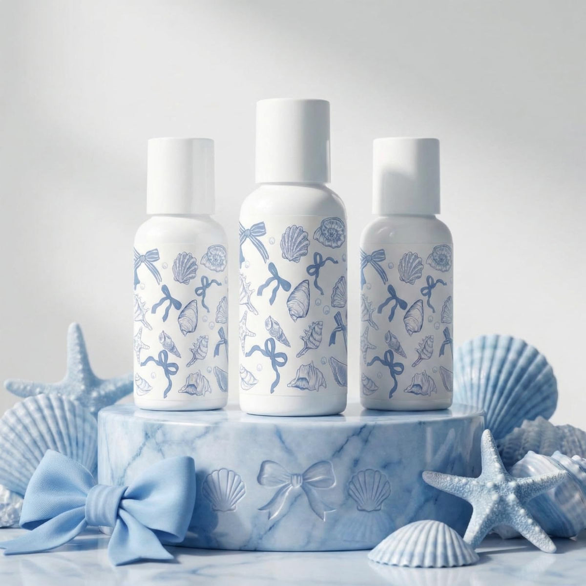 Blue and white coastal packaging by Demissle for stylish party favors
