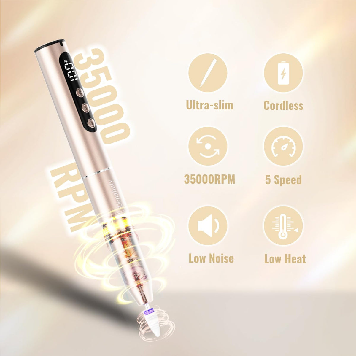 Denabuty cordless nail drill LCD display shows speed and power