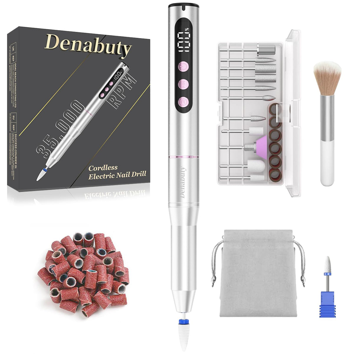 Denabuty cordless electric nail drill in hand for convenient wireless manicure.