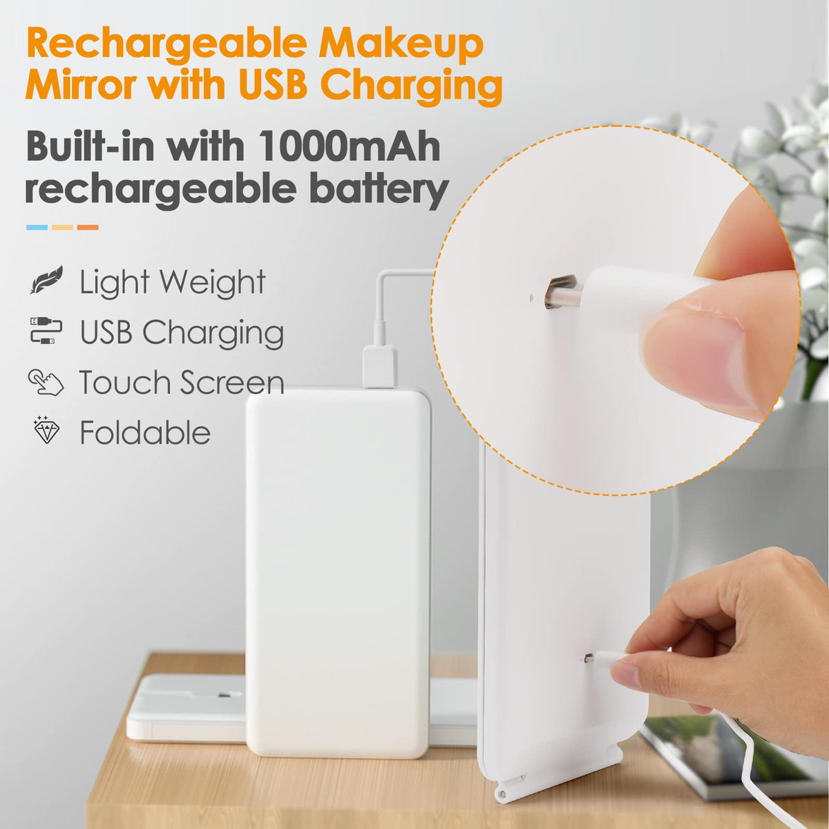 DenCert touch-screen makeup mirror with brightness memory for easy use