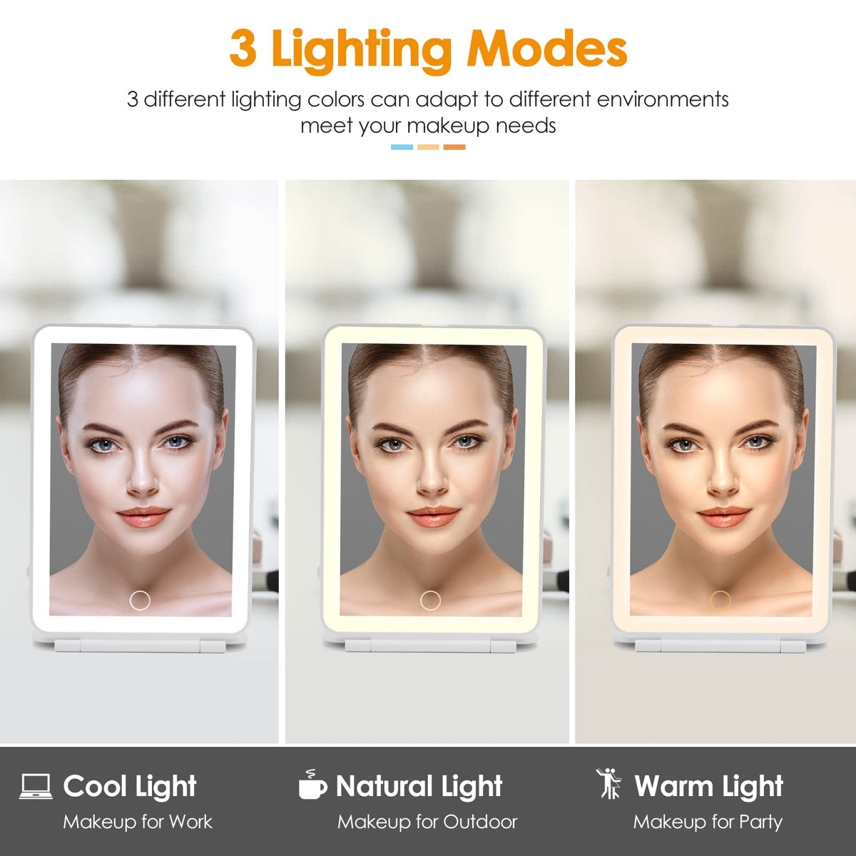 DenCert travel makeup mirror demonstrating three lighting modes for versatile skin tones