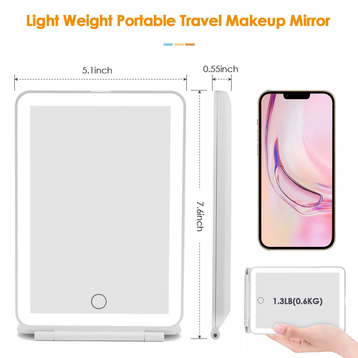 DenCert USB rechargeable makeup mirror with long battery life for travel