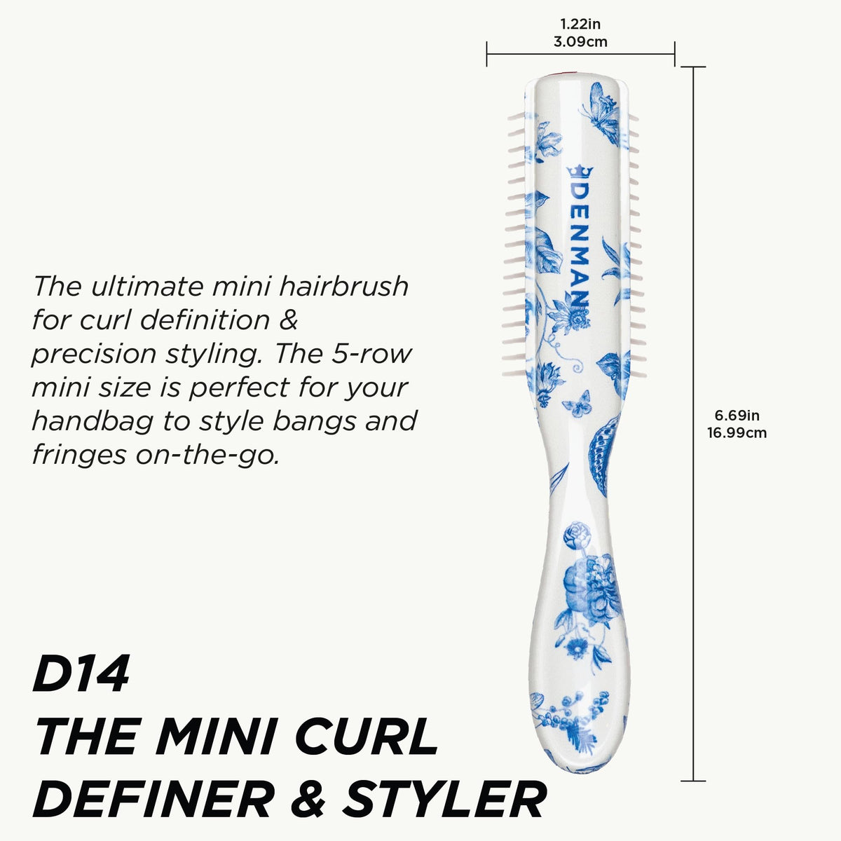 Denman compact 5-row hairbrush for quick on-the-go touch-ups.