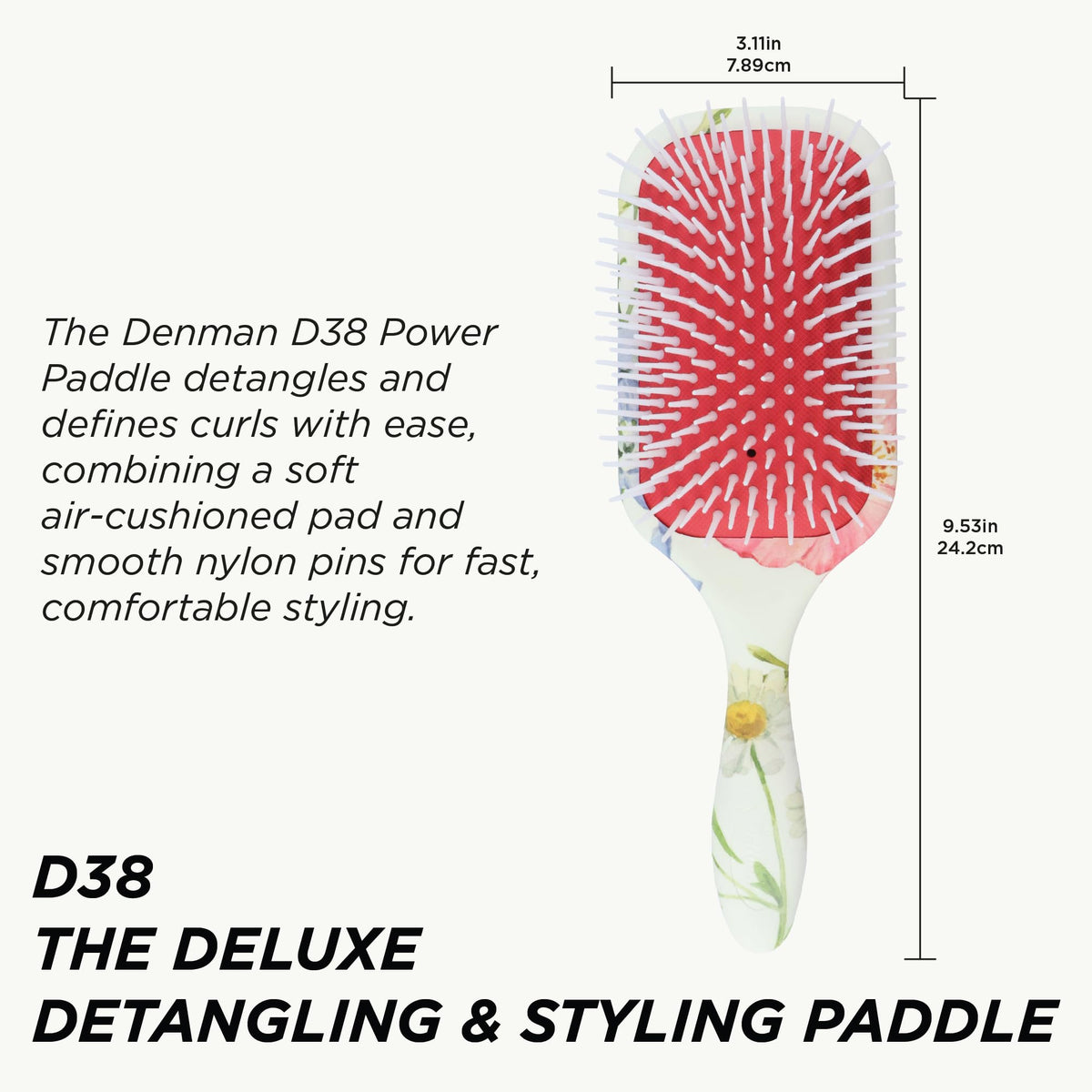 Denman D38 wide paddle design covers more hair for quick detangling