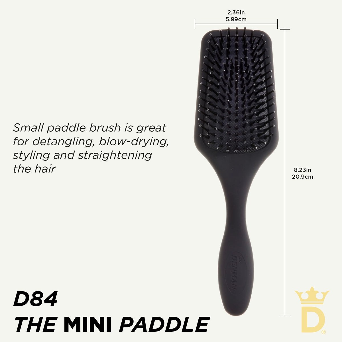 Denman D84 mini paddle brush with air-cushioned pad adapts to head contours.