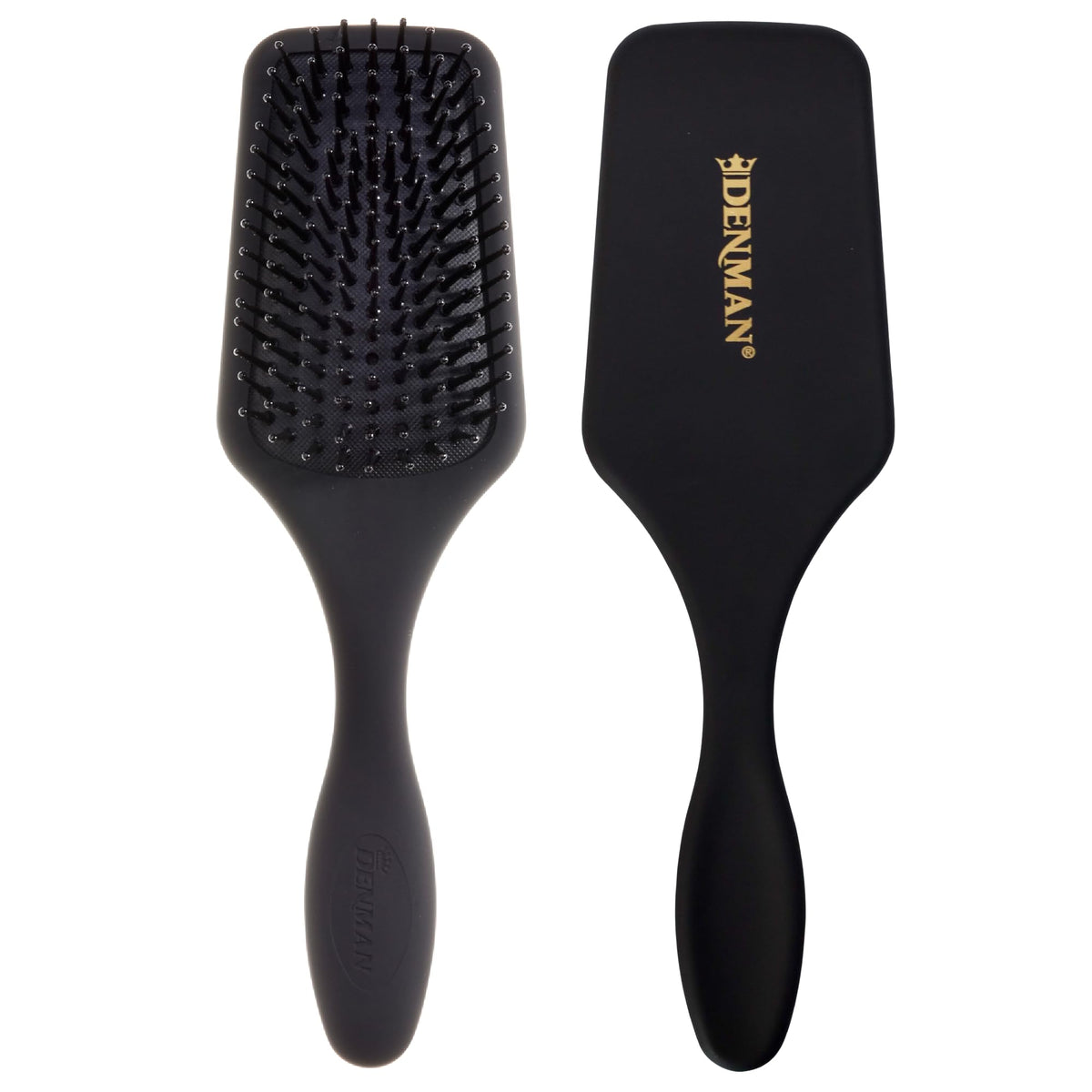 Denman D84 mini paddle brush close-up shows flexible bristles for gentle detangling.