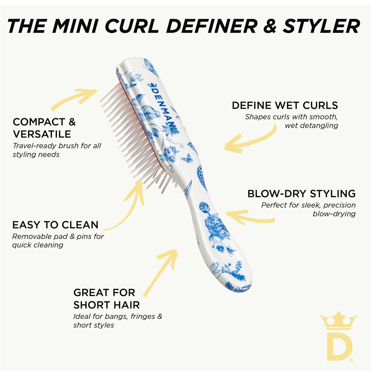 Denman brush with removable pad for easy cleaning and maintenance.