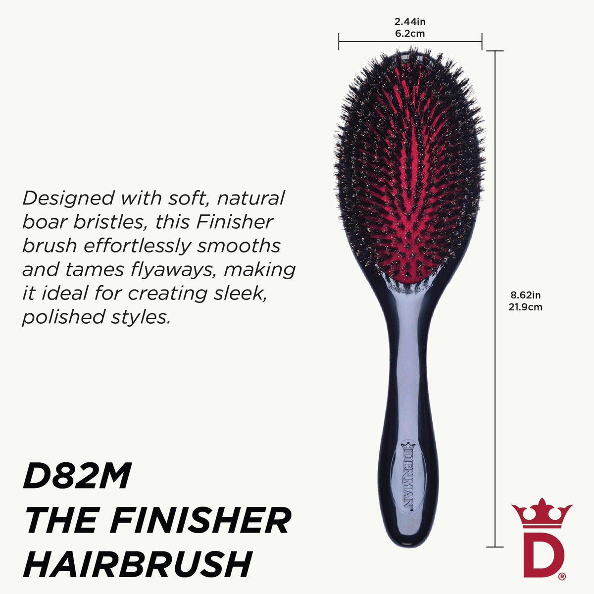 Denman grooming brush medium detangling action for knot-free styling.